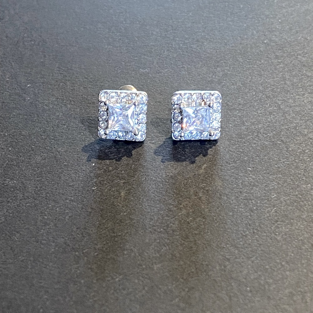 Silver Plated Cubic Zirconia Vintage Square Stud Earrings